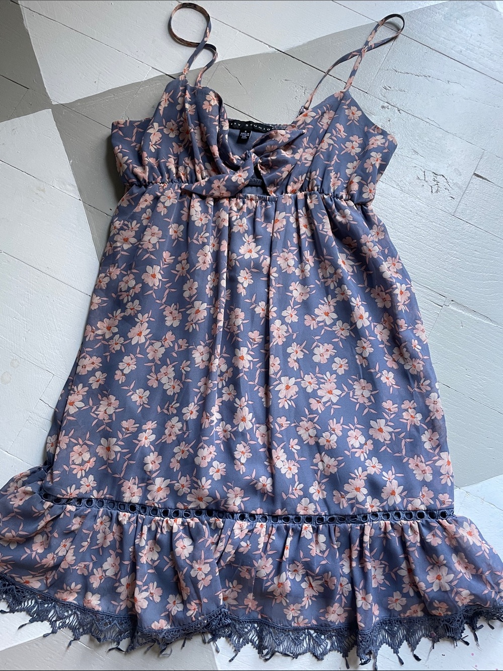 Women's Dusty Blue Floral Mini Dress with Pink Blooms
